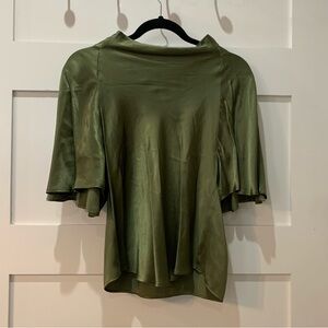 zara high neck green satin blouse with tie in back